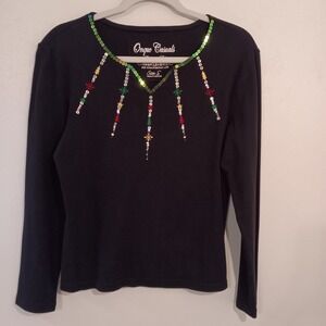 Onque Casuals Women's Blouse Sz. S Black Long Sleeve Holiday Christmas...